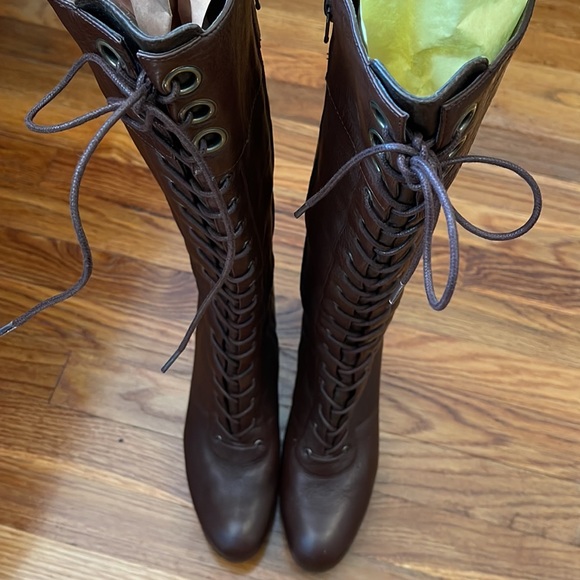 Dark Brown Tall Leather Boots with Laces and side zipper GORGEOUS for fall π - Picture 8 of 9
